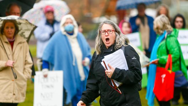 Westbury Residents Against the Prison president Linda Poulton chants 'no prison' at a community meeting regarding the Government's new preferred prison site at Bushy Rivulet on Birralee Rd. Picture: PATRICK GEE