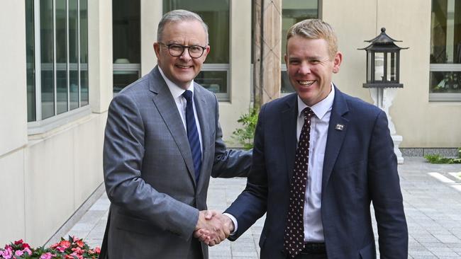 Anthony Albanese welcomes New Zealand Prime Minister Chris Hipkins to Parliament House in Canberra. Picture: Getty Images