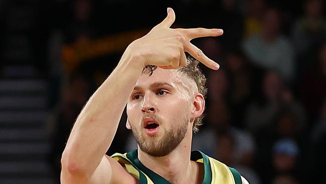 MELBOURNE, AUSTRALIA - JULY 04: Jock Landale of the Boomers reacts during the game between the Australia Boomers and China at John Cain Arena on July 04, 2024 in Melbourne, Australia. (Photo by Graham Denholm/Getty Images)