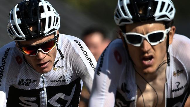 Great Britain's Chris Froome (left) follows his teammate Geraint Thomas in a counter attack group. Photo: AFP