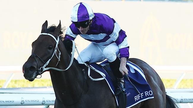 SYDNEY, AUSTRALIA - APRIL 06: James Mcdonald riding Riff Rocket  wins Race 9 ATC Australian Derby during Sydney Racing at Royal Randwick Racecourse on April 06, 2024 in Sydney, Australia. (Photo by Jeremy Ng/Getty Images)