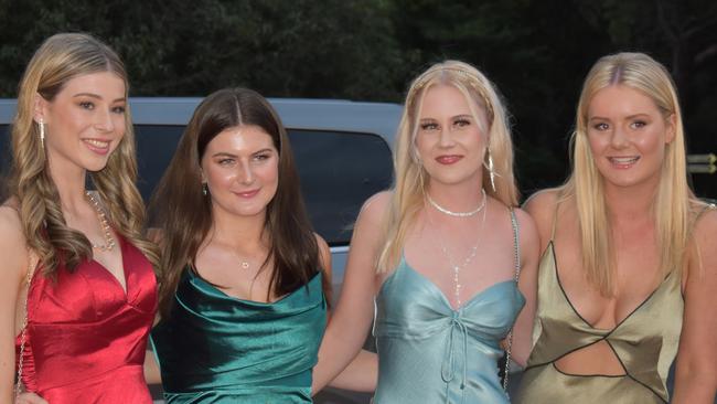 Tess Albertson, Mali McMillan, Jasmine Maskell and Zara Turschwell at the Year 11 Good Shepherd formal, 2022.