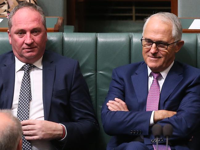 Then Deputy Prime Minister Barnaby Joyce and Prime Minister Malcolm Turnbull pictured in 2017. The later revelation that Joyce had left his wife for his staffer Vikki Campion, who was pregnant with his child, prompted Turnbull to implement a ‘bonk ban’. Picture: Kym Smith