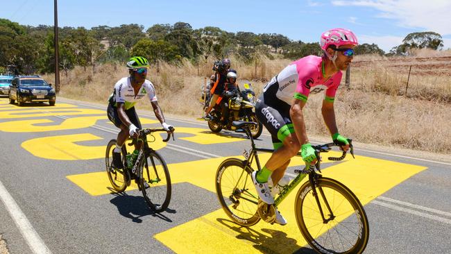 Education First-Drapac rider William Clarke and Team Dimension Data rider Nicholas Dlamini on a day one breakaway. Picture: AFP PHOTO / BRENTON EDWARDS