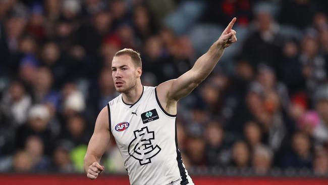 MELBOURNE - JUNE 2 , 2023. AFL Round 12. Harry McKay of the Blues celebrates a long goal from 60 early 3rd qtr during the match between Melbourne and Carlton at Melbourne Cricket Ground on June the 2nd, 2023, in Melbourne, Australia. Photo by Michael Klein.