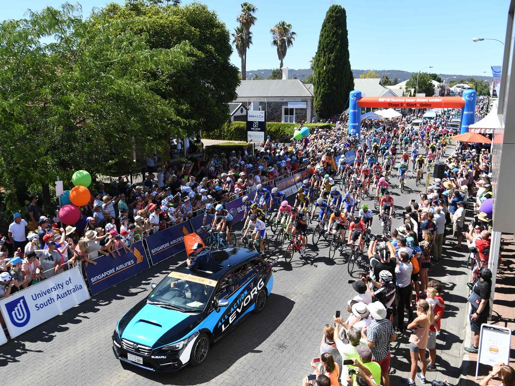 Riders at the start line of the Tour Down Under Stage 2, Unley to Stirling. Picture: Tricia Watkinson