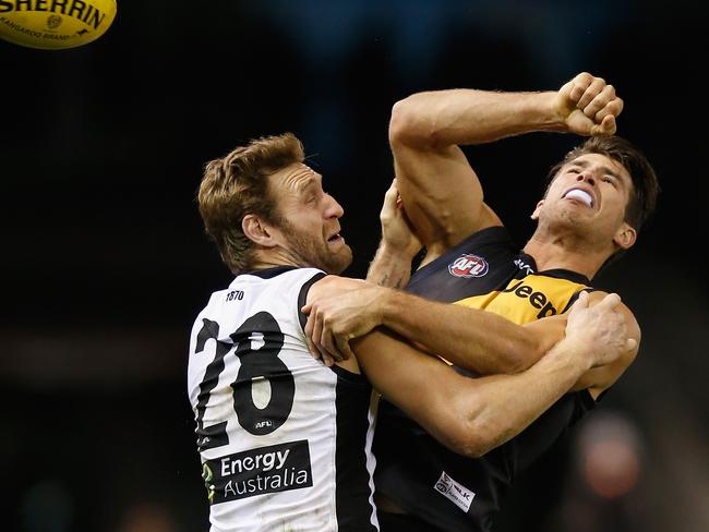 Jay Schulz and Alex Rance go toe to toe at Etihad Stadium. Picture: Darrian Traynor