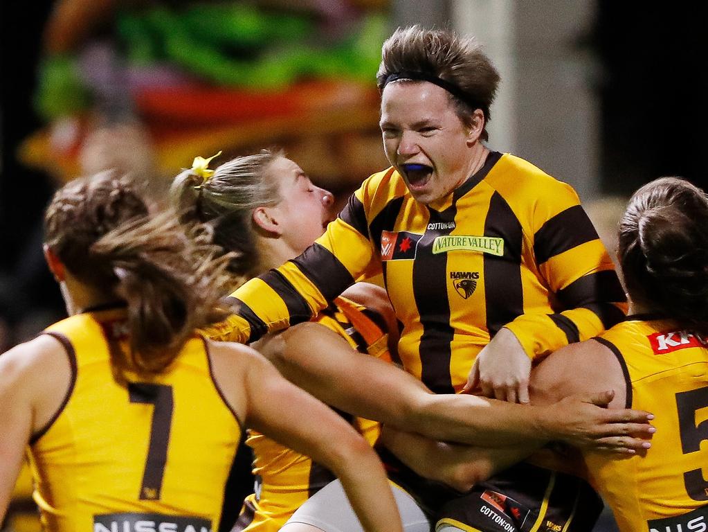 Jess Duffin celebrates a goal for Hawthorn. Picture: Dylan Burns/AFL Photos via Getty Images.