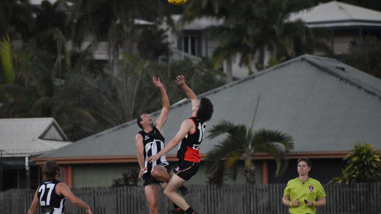 Nick Thiele and Tyler Duck in the North Mackay Saints v Mackay Magpies AFL premier grand final, September 11, 2021. Picture: Matthew Forrest