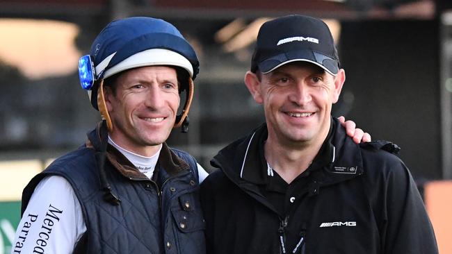 Jockey Hugh Bowman and trainer Chris Waller couldn’t be happier with Winx heading into the Queen Elizabeth Stakes. Picture: AAP