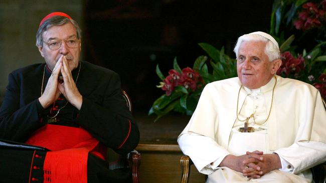 Cardinal George Pell with the former Pope, Pope Benedict XVI in 2008. Picture: World Youth Day/Getty