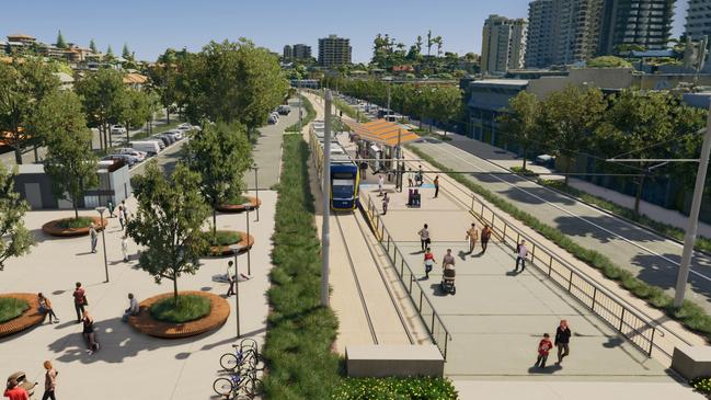Artist impression of Gold Coast Light Rail Stage 4 between Tugun and Coolangatta, including Gold Coast Airport and the NSW border. Picture: Department of Transport and Main Roads.