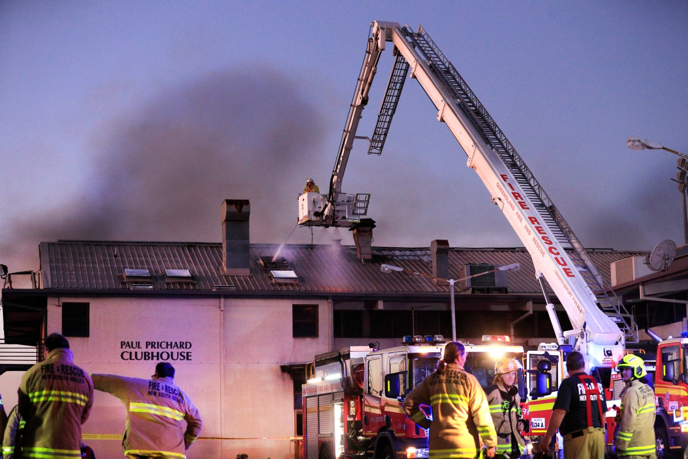 Flames burst from the roof of the Cudgen Leagues club as Queensland Fire Brigade Officers assist local Kingscliff and Tweed Units to fight the fire .Photo Scott Powick Newscorp