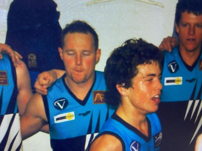 Jarryd Blair after his first senior game, in a circle containing Ross Lovett and Brett Beaumont (right).