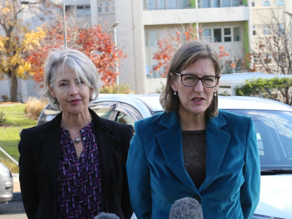 Greens MP Rosalie Woodruff and party leader Cassy O'Connor speak to the media at Cornelian Bay on Monday.