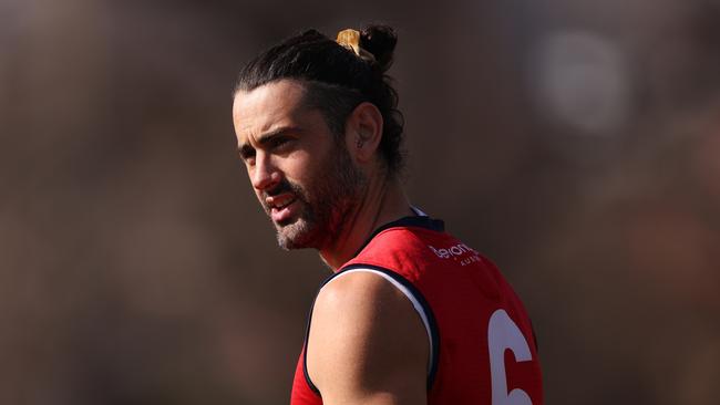 MELBOURNE, AUSTRALIA - SEPTEMBER 06: Brodie Grundy of the Demons looks on during a Melbourne Demons AFL training session at Gosch's Paddock on September 06, 2023 in Melbourne, Australia. (Photo by Robert Cianflone/Getty Images)