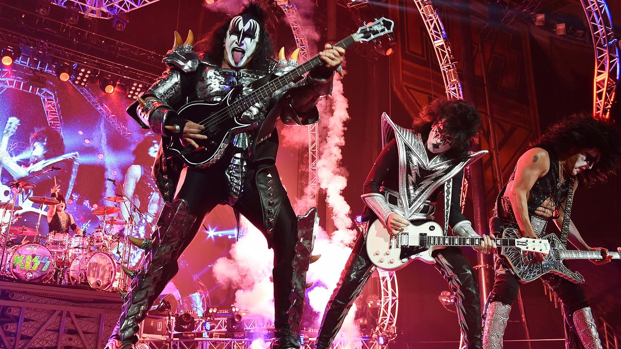 Kiss in concert at Rod Laver Arena. From L-R: Eric Singer (drums), Gene Simmons, Tommy Thayer and Paul Stanley. Picture: Ellen Smith