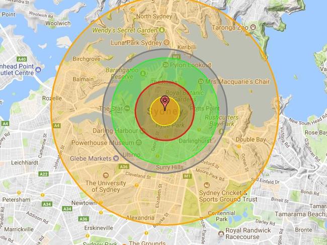 If a 100 kiloton bomb was dropped over Sydney, the CBD would be devastated while inner city residents would struggle to survive. Picture: NukeMap