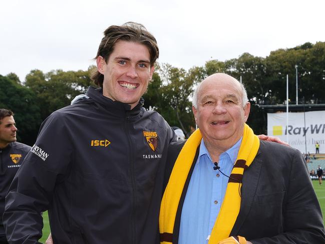 Will Day and his grandfather Robert before Hawthorn’s Gather Round clash this year. Picture: Sarah Reed/AFL Photos via Getty Images