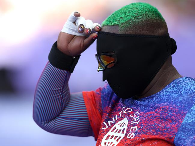 PARIS, FRANCE - AUGUST 08: Raven Saunders of Team United States wears a mask prior to the Women's Shot Put Qualification on day thirteen of the Olympic Games Paris 2024 at Stade de France on August 08, 2024 in Paris, France. (Photo by Patrick Smith/Getty Images)