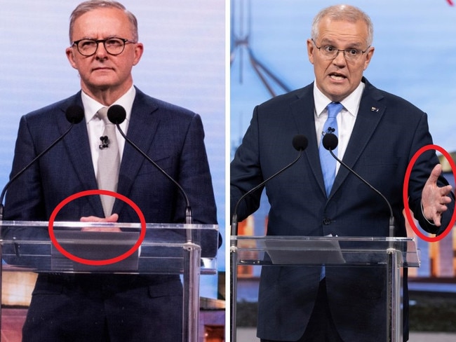 Anthony Albanese’s interlaced fingers showed he was nervous before it started, while Scott Morrison using his hands more showed he was getting frustrated.