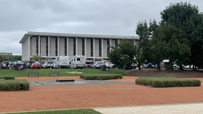 Convoy to Canberra protesters have set up camp on the Patrick White Lawns, Parkes, adjacent to the National Library and Lake Burley Griffin. Picture: Julia Kanapathippillai