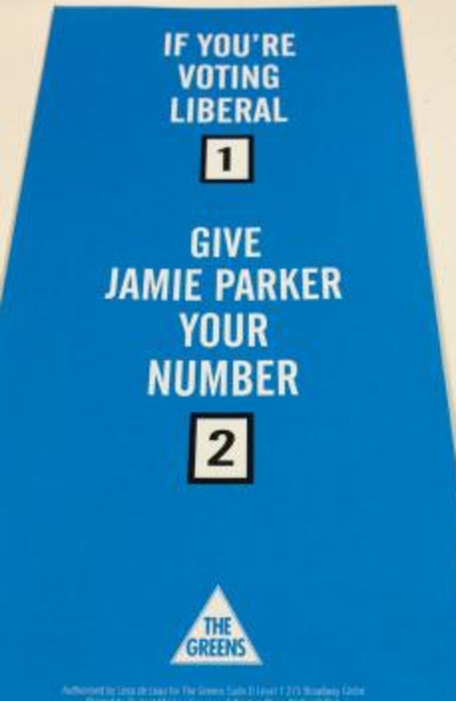 The Greens’ how-to-vote card for the seat of Balmain. Picture: Twitter/Adrian Nesbitt