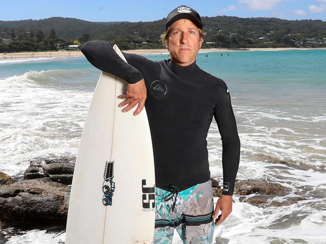 Marcel Brundler single-handedly fought off a 4m white pointer, and is happily surfing again in Lorne. Picture: Alex Coppel.