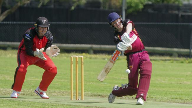 Delacombe Park batter Nick Hammel goes on the attack against Balnarring on Saturday. Picture: Valeriu Campan