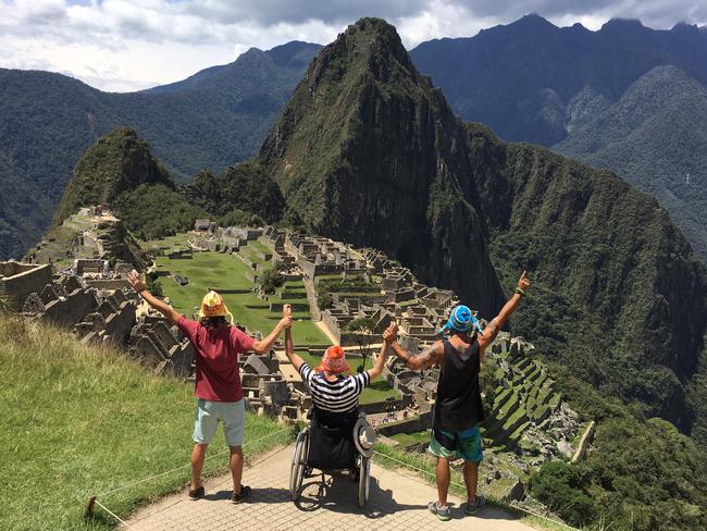 Philip Stephens, a quadriplegic, lives life to the full. Here he is with carers and friends Emiliano Bisson and Marcos Peluffo, who carried him for six hours to the top of Machu Picchu and down again.