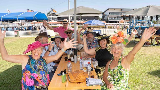 Pam Dijkgraaf, Wayne Pattison, Karen Pattison, David Stewart, Paul Castellano, Bob hetherington, Delwyn Castellano and Deb Hetherington at the 2023 Darwin Cup. Picture: Pema Tamang Pakhrin