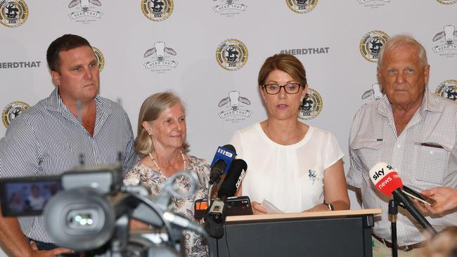 Former NT Cattlemen's Association CEO Tracey Hayes, second from right, with Brett Cattle Company owner Hamish Brett, Alison Brett and Colin Brett at a press conference following the landmark Federal Court decision. Picture Katrina Bridgeford.