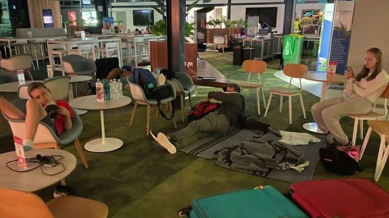 Passengers sleeping on floor of airport after Jetstar flight cancelled. Picture: Nine