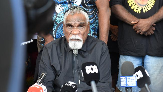 Yuendumu Elder Ned Jampijinpa Hargraves gives a statement on the steps of NT Supreme Court. Picture: (A)manda Parkinson