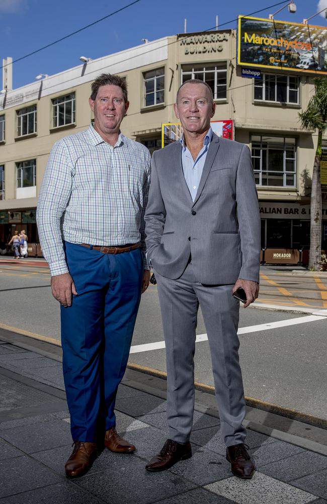 James Stevenson and Kevin Carmody, of Savills Gold Coast, led a successful campaign for the Mawarra building at 3106 Surfers Paradise Blvd. Picture: Jerad Williams