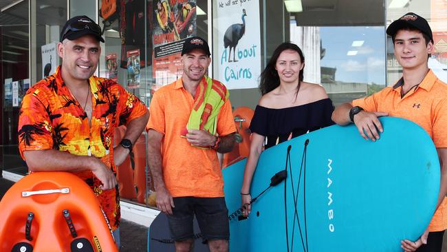 Barefoot Tours and Cairns Canyoning have joined forces to start All About Cairns, a co operative hub for Cairns tour companies to work as a collective. Bazz Goes, Marcio Garbuio, Chelsea Handley and Keanu Otoke-Hunt work together out of the new hub on Grafton Street. Picture: Brendan Radke
