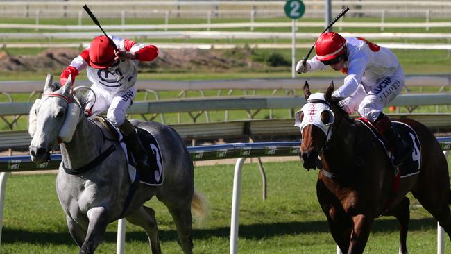 Jim Byrne on Upstart Pride (left) and Jeff Lloyd on Dream Choice at Doomben on Saturday.