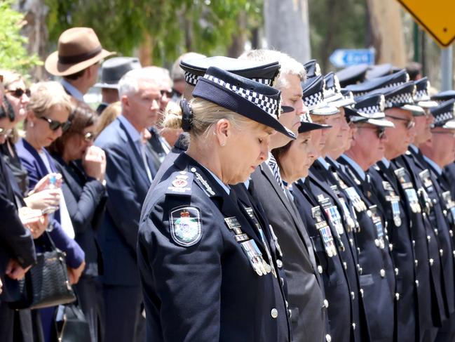 Police Commissioner Katarina Carroll at the memorial service with full police honours for fallen constables Rachel McCrow and Matthew Arnold at Brisbane Entertainment Centre. Picture: Steve Pohlner