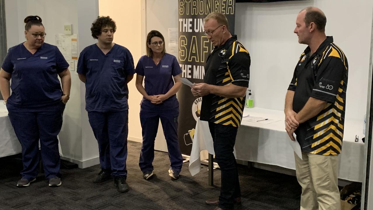 Moranbah nurses Bronwyn Dagan, Josh Sondergeld, Robyn Whitehead hear from Grosvenor Lodge president Steven Hall and Grosvenor Lodge secretary Scott Jensen at a meeting at Civeo Camp to mark the two-year anniversary of the Grosvenor Mine blast. The union resolved on the night to donate $3000 to Moranbah Hospital. Picture: Duncan Evans