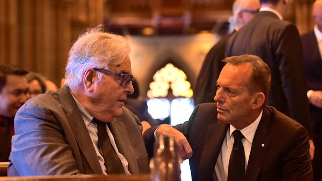 Former prime minister Tony Abbott, with George Pell’s brother David. Picture: Giovanni Portelli, The Catholic Weekly