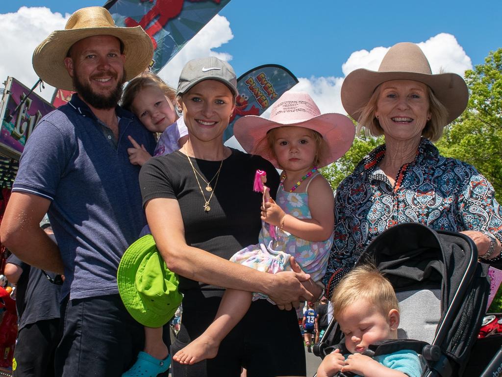 Kyogle locals Steve and Evelyn Clarke with Liana, Lenni and Hendrix Daley and Leanne Bordin out at the Kyogle Show. Picture: Cath Piltz