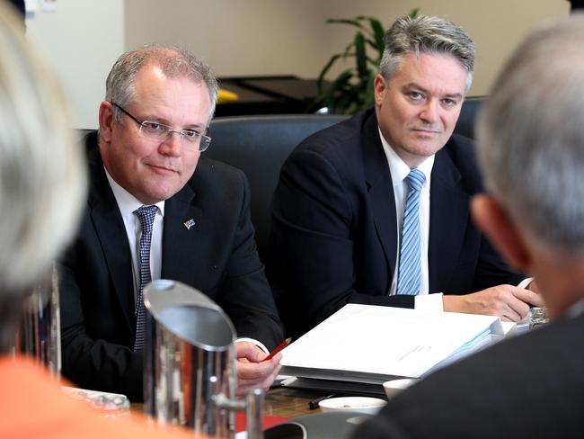 Treasurer Scott Morrison and Minister for Finance Senator Mathias Cormann at a cabinet meeting. Picture: AAP