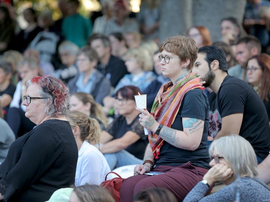 Messages of peace, love and support were displayed by attendees of Hobart's vigil for Christchurch at Franklin Square. Picture: PATRICK GEE