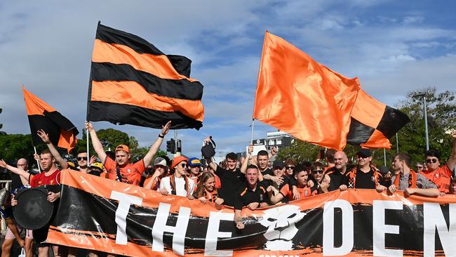 Roar fans march down Caxton Street ahead of a match Suncorp Stadium. Picture: Albert Perez / Getty Images