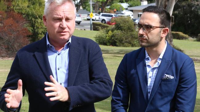 Premier Jeremy Rockliff with Liberal member for Clark Simon Behrakis at St Johns Park in Hobart on Friday, November 3, 2023.