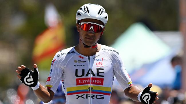 WILLUNGA HILL, AUSTRALIA - JANUARY 25: Jhonatan Narvaez of Ecuador and UAE Team Emirates Xrg celebrates at finish line as stage winner during the 25th Santos Tour Down Under 2025, Stage 5 a 145.7km stage from McLaren Vale to Willunga Hill 371m / #UCIWT / on January 25, 2025 in Willunga Hill, Australia. (Photo by Dario Belingheri/Getty Images)