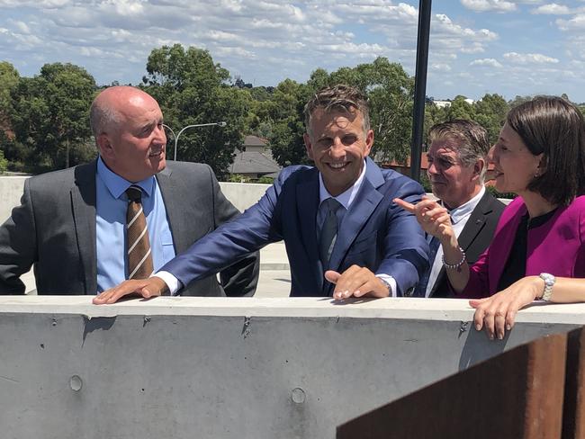 Premier Gladys Berejiklian, Baulkham Hills MP David Elliott, Ray Williams Castle Hill MP and transport minister Andrew Constance at Kellyville Metro Station. Picture: Jake McCallum