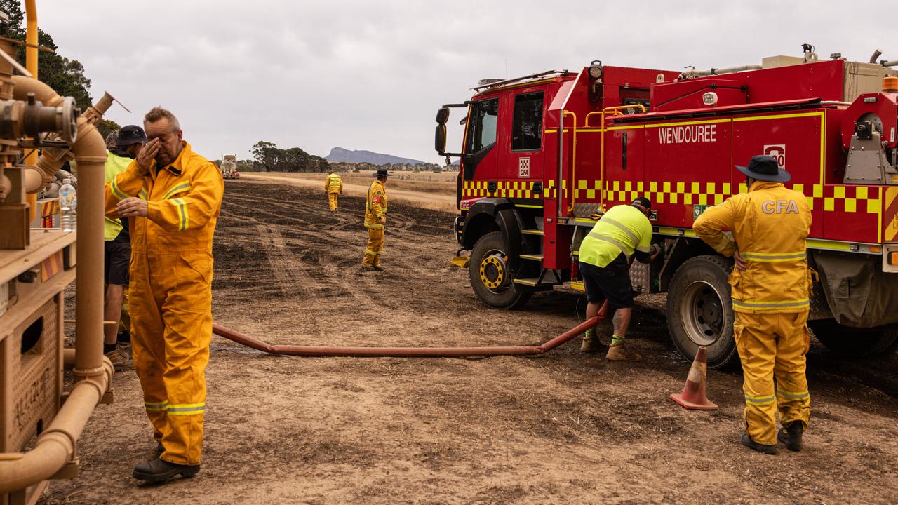 Firefighters fill their tankers to continue their work in containing the outbreaks of spotfires near Glenthompson. Picture: NewsWire / Diego Fedele