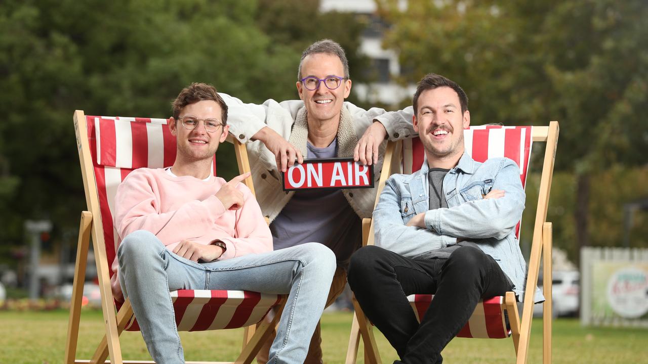 Sean Craig Murphy with past Australian Radio School students Ben and Liam. Picture: TAIT SCHMAAL.