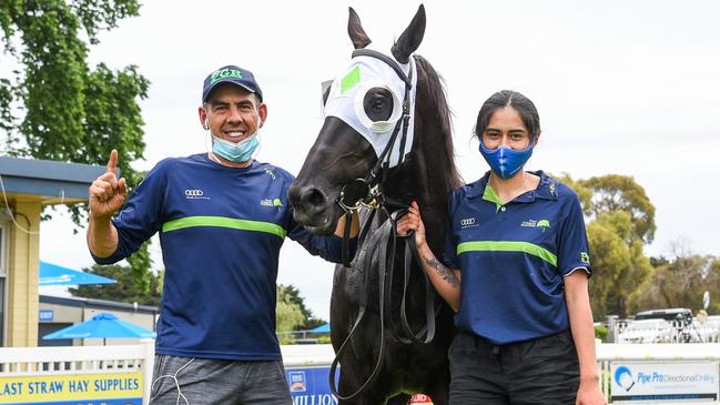 Peter Gelagotis with Blandford Lad, who delivered for the stable on Ballarat Cup Day.